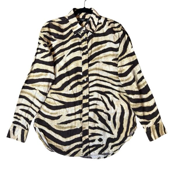 Lauren Ralph Lauren Linen Button Up Shirt Size S Zebra Print Long Sleeve Relaxed - Picture 3 of 11